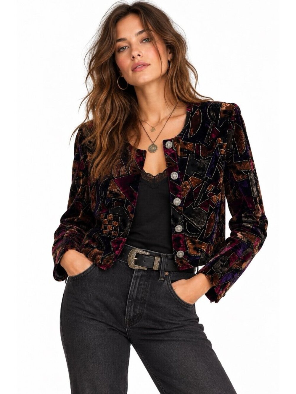 vintage 90s VELVET CROPPED jacket jewel tones PL abstract dark bohemian funky